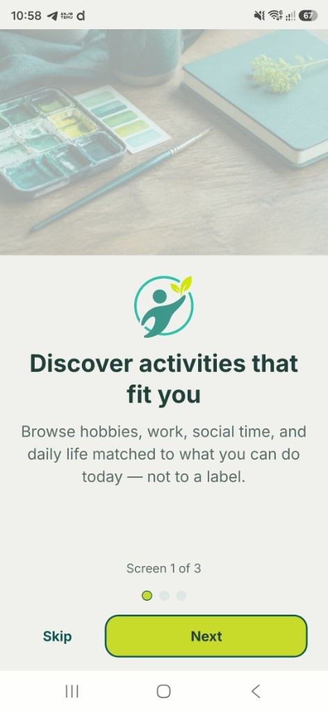 Recompat Android welcome screen titled Discover activities that fit you, with watercolor art supplies, the brand mark, Screen 1 of 3, Skip, and Next